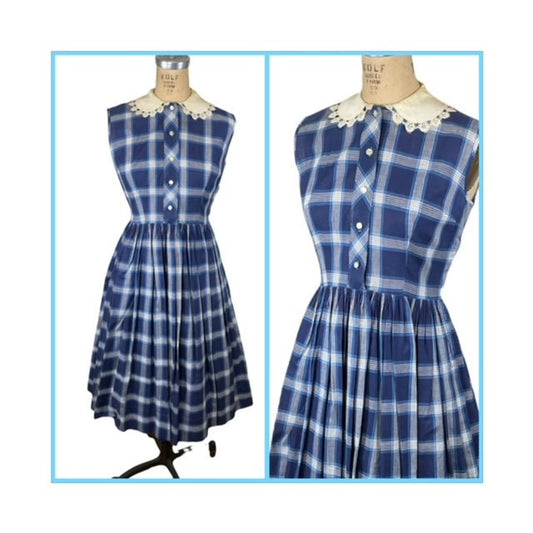 1960s blue plaid day dress shirtwaist with lace trimmed peter pan collar Size M