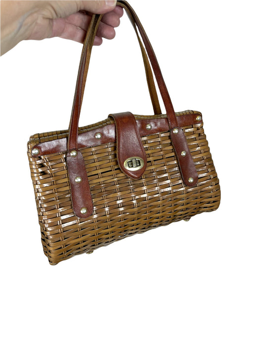 1960s brown wicker handbag with leather straps Made in Hong Kong