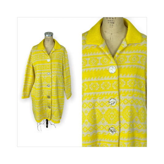 1960s sweater coat yellow cardigan by Elite Knits of California Size L
