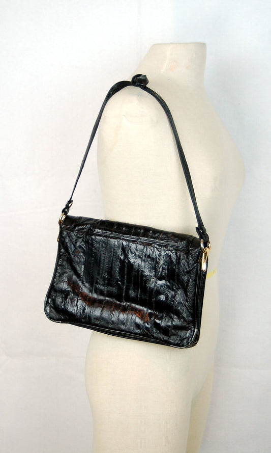 1980s eel skin purse, black eel skin shoulder bag, eel skin envelope bag, Sunco Made in Korea
