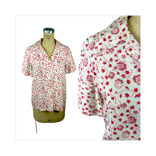 1960s linen blouse red and white floral Size M/L