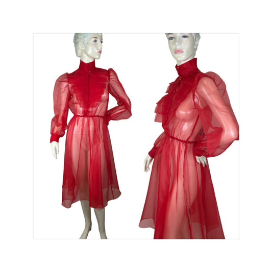 1980s red dress sheer organza with pleated bib collar for I. Magnin size M