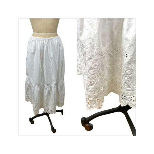 Edwardian white petticoat with embroidered and eyelet ruffled flounce hem Size M/L