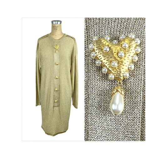 1980s gold metallic knit dress with pearl studded gold buttons by Steve Fabrikant Size M/L