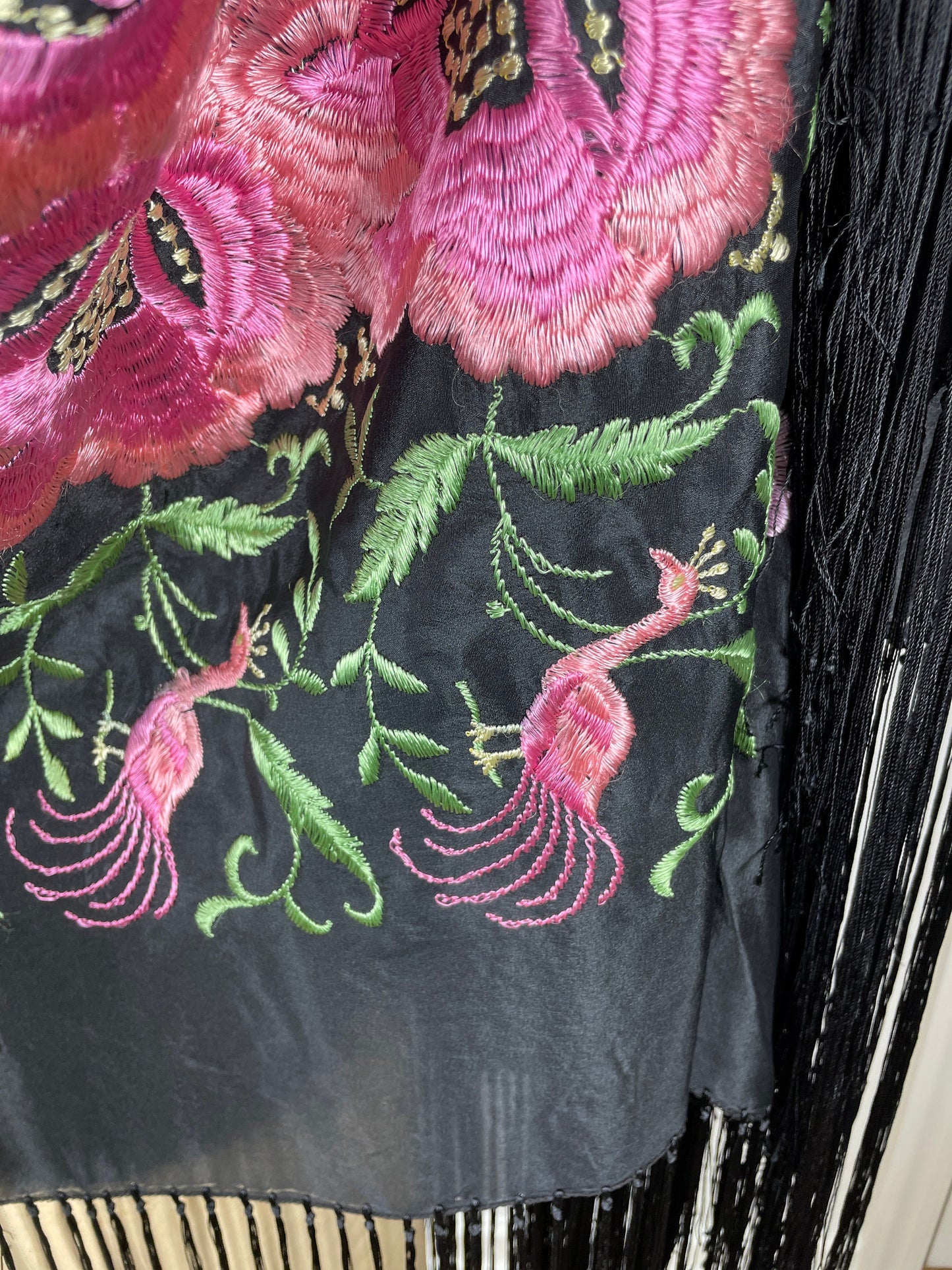 1920s 30s silk piano shawl in black and pink with long fringe 51" x 52"