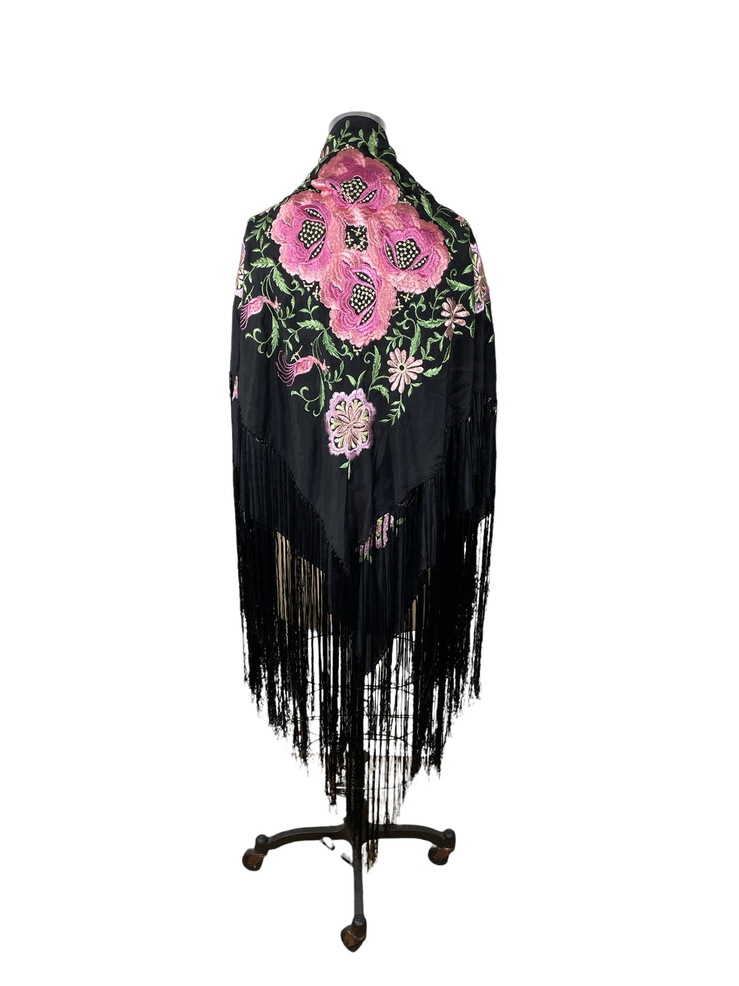 1920s 30s silk piano shawl in black and pink with long fringe 51" x 52"
