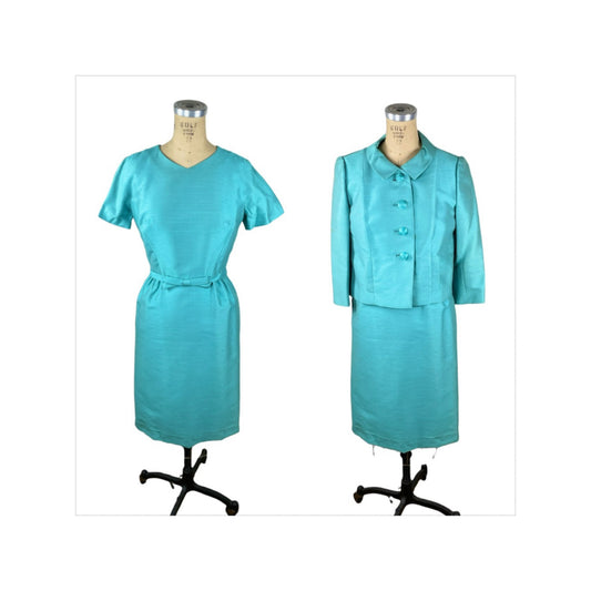 1960s turquoise silk dress suit by Robert Leonard Size M AS IS