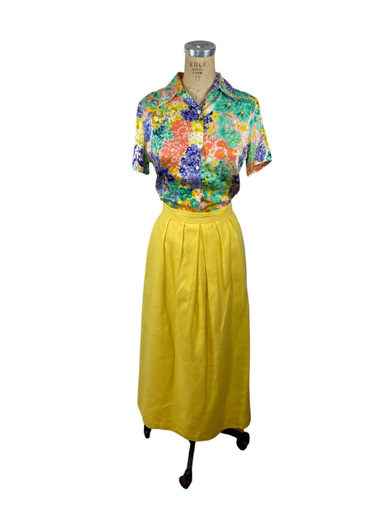 1980s yellow linen pleated skirt midi length Size M