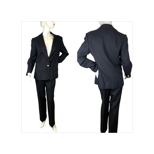 1970s black linen pant suit by Evan-Picone blazer and pants Size M/L