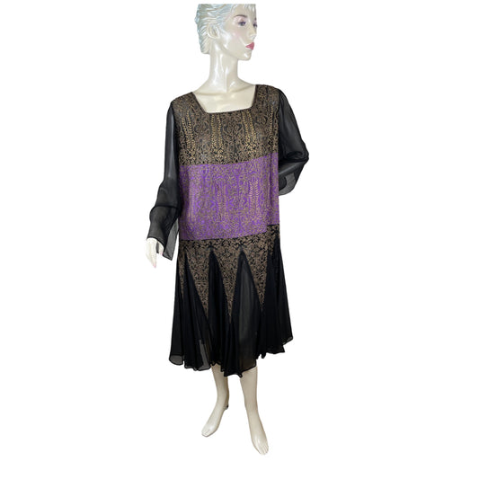 1920s silk chiffon dress black purple with gold bullion and beading Size L
