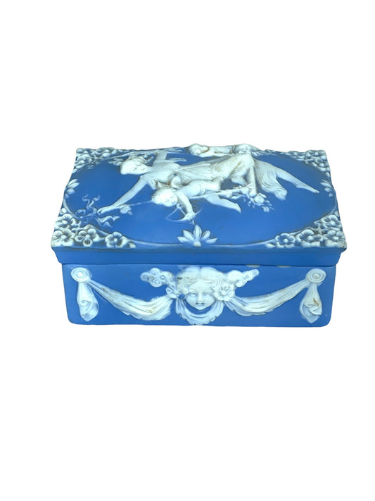 1960s blue and white jasperware trinket jewelry box with Cupid