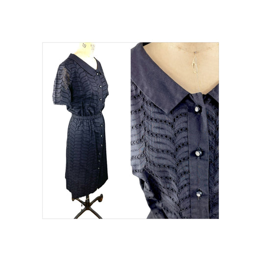 1940s/50s day dress in black eyelet cotton lace with belt and rhinestone buttons by Martha Manning Size L/XL