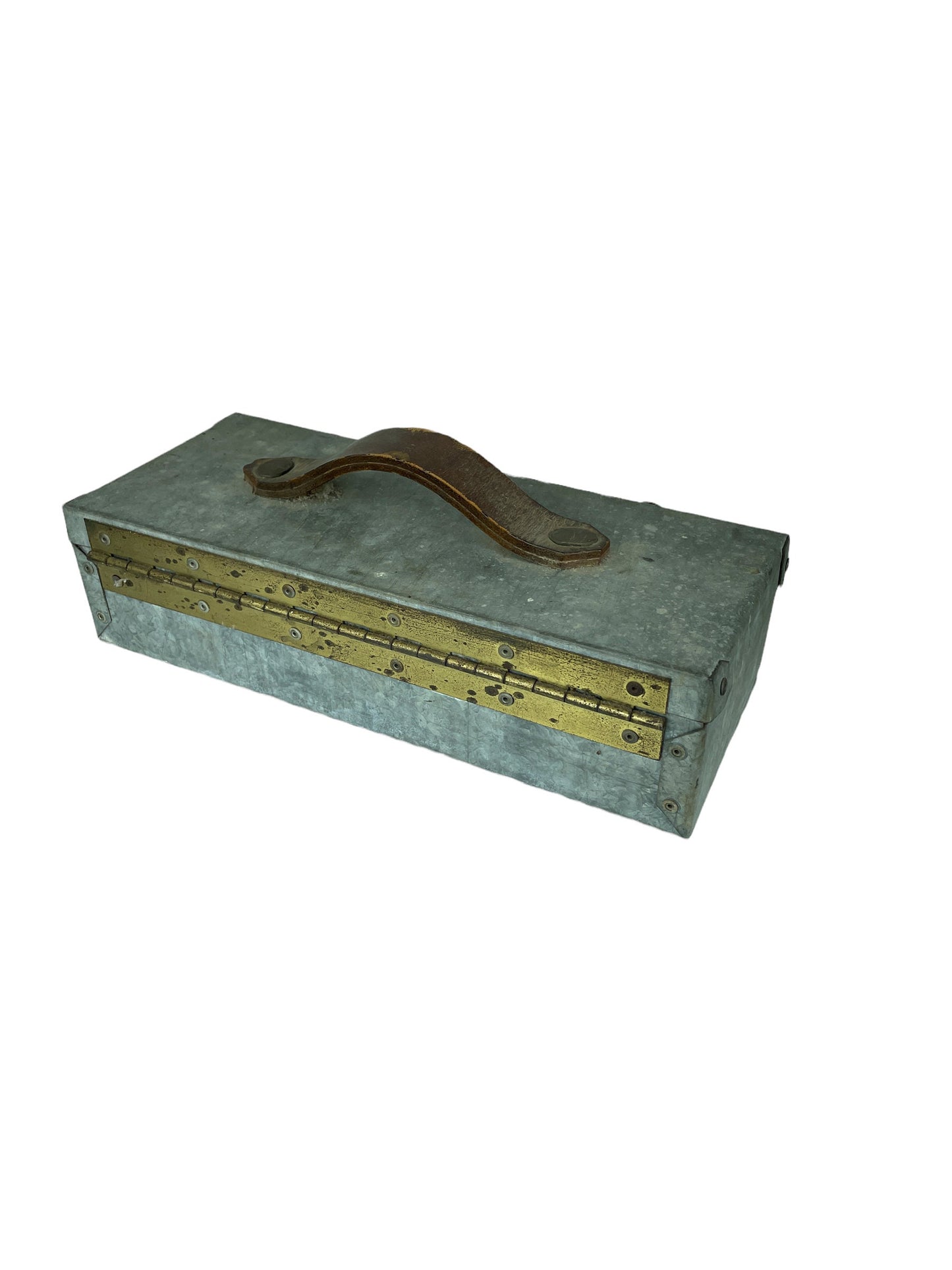 1920s 30s steel tool storage box with leather handle