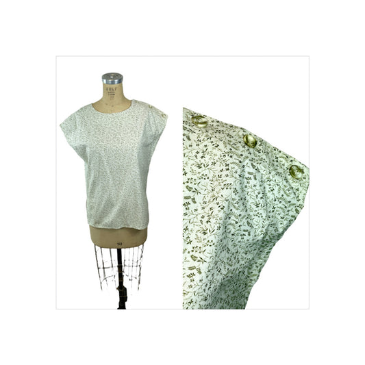 1980s 90s cotton blouse green floral with shoulder buttons Size M/L