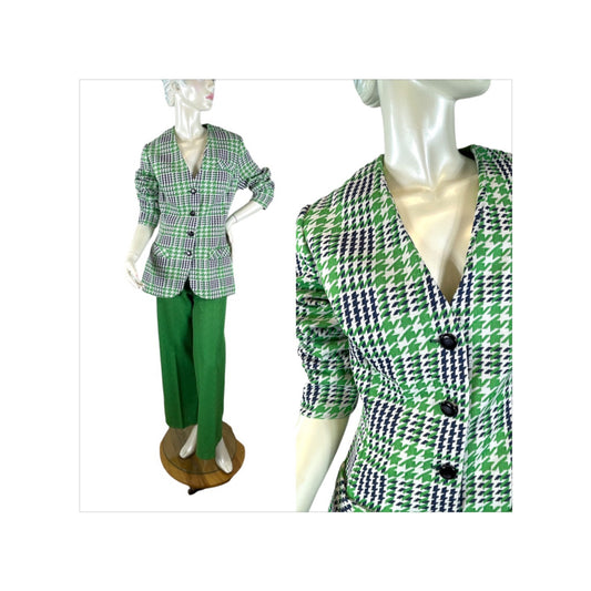 1970s pant suit green plaid blazer and flared pants by Rhodes Size L