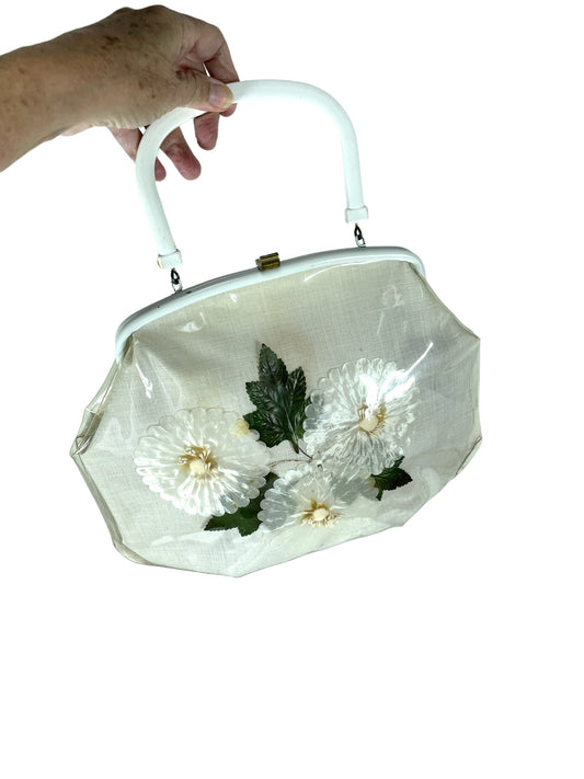 1950s handbag with clear plastic coated white silk flowers and leaves