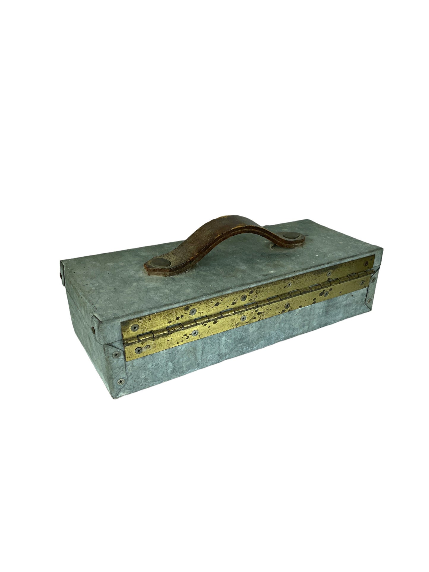 1920s 30s steel tool storage box with leather handle