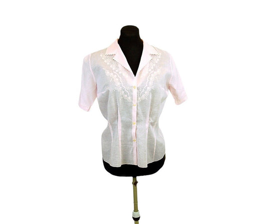 1950s cotton blouse, cotton shirt, embroidered blouse, pink blouse, appliqued blouse, Size M/L