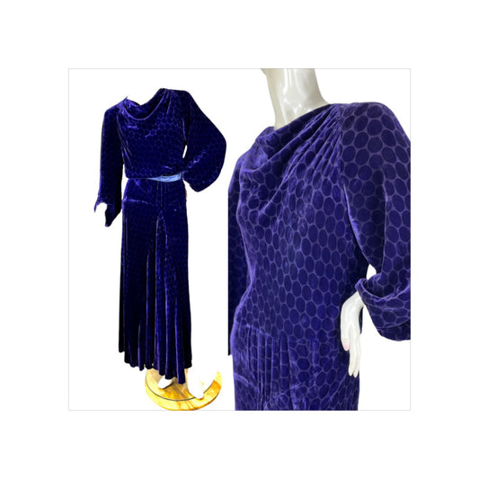 1930s silk velvet polka dot evening gown with balloon sleeves Size M