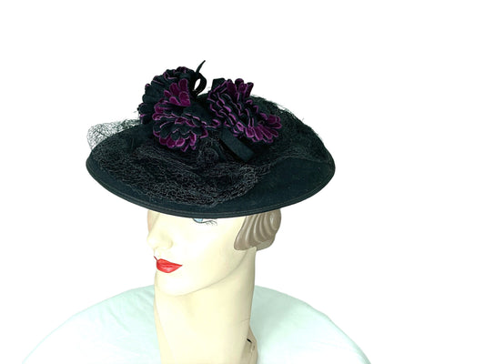 1930s black wool hat with purple felt flowers and netting by Mohn Brothers Size 23