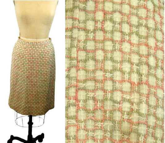 1950s skirt tweed peach green a-line size M
