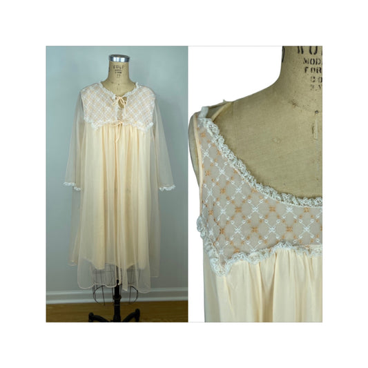 1960s peignoir peach chiffon nightgown and robe Size M
