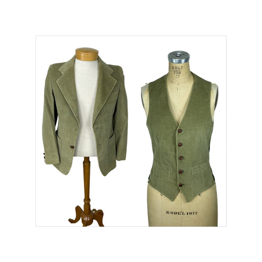1970s corduroy vest and blazer khaki with wooden buttons unisex 36 chest