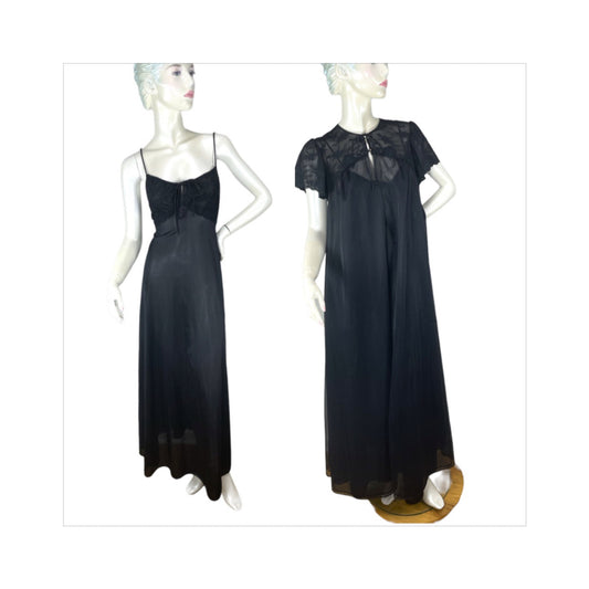 1960s black peignoir negligee in nylon and lace by Shadowline Size S/M