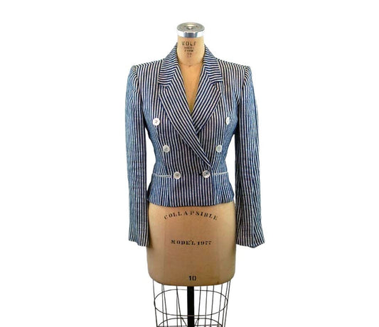 1980s Calvin Klein blazer blue white striped double breasted fitted jacket Size S