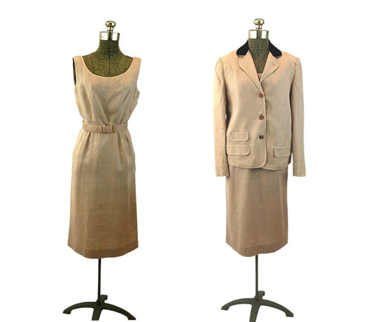 1950s linen dress suit velvet collar three button jacket wiggle dress with belt mauve tan Size S/M