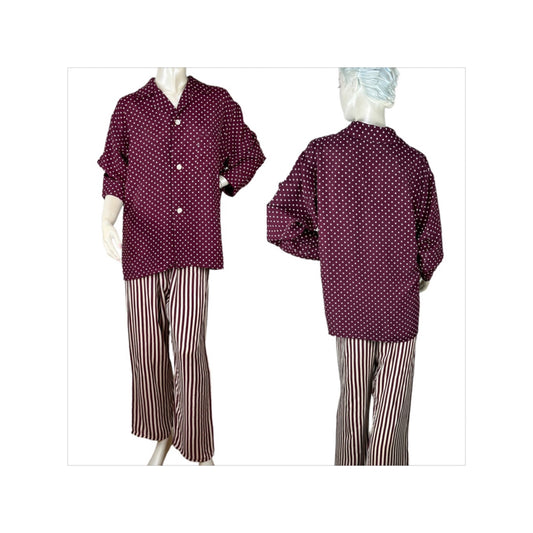 1930s/ 1940s cold rayon pajamas polka dot and striped maroon Size L