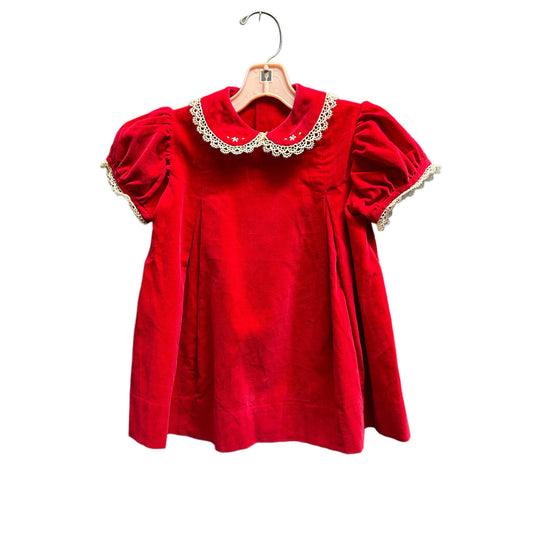 Toddler girl red velveteen dress with embroidered collar and lace Size 2