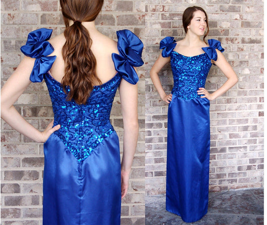 1980s gown, Mike Benet dress, blue satin and sequins, sheath dress, prom dress, size S/M