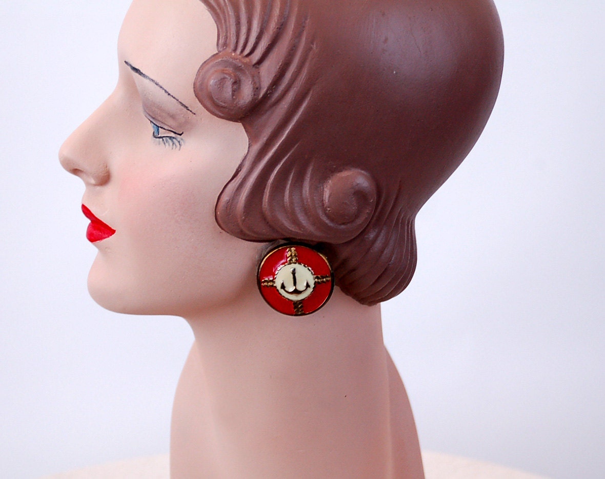 Nautical earrings enamel earrings red white anchors tin pierced earrings 1980s