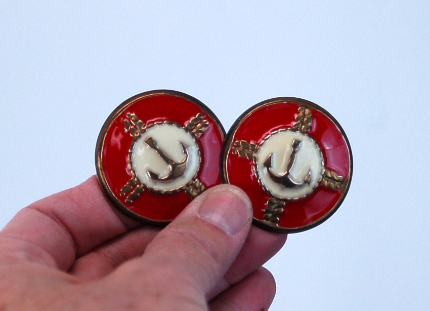 Nautical earrings enamel earrings red white anchors tin pierced earrings 1980s