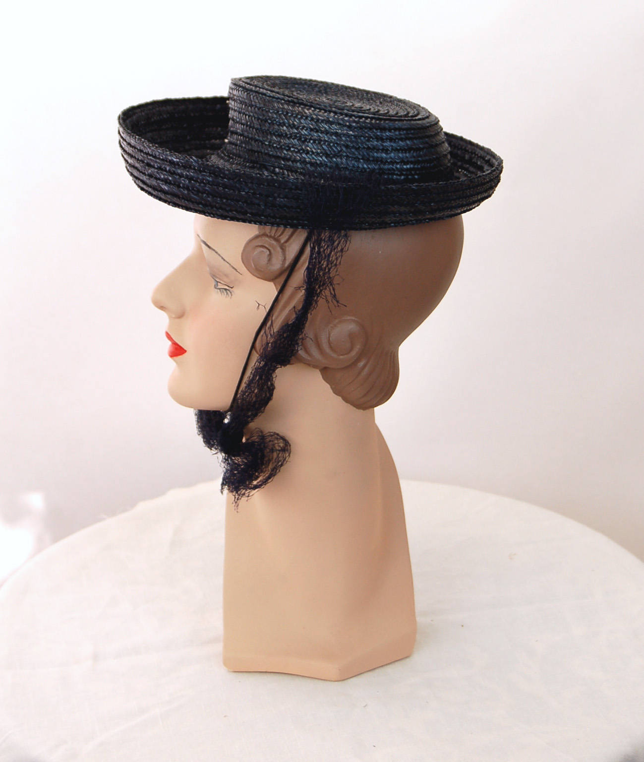 1940s hat straw hat navy blue tilt hat Valerie Mode New York Creation Breton hat summer hat