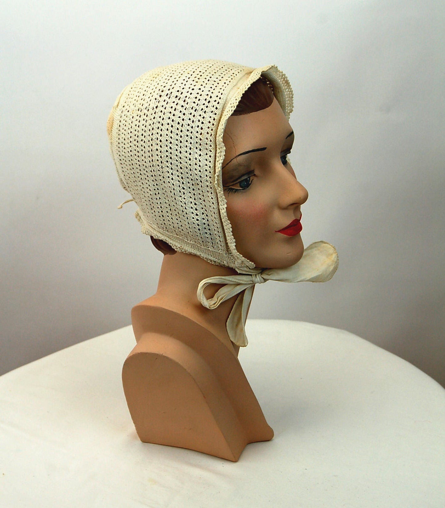 Antique night cap cotton crocheted bonnet 1800s ivory white