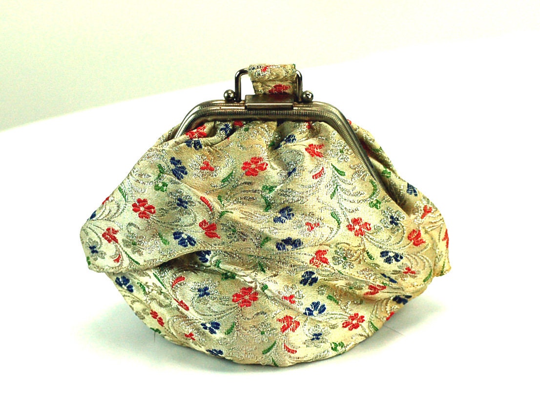1950s floral bracade purse silver metallic framed pouch purse evening bag