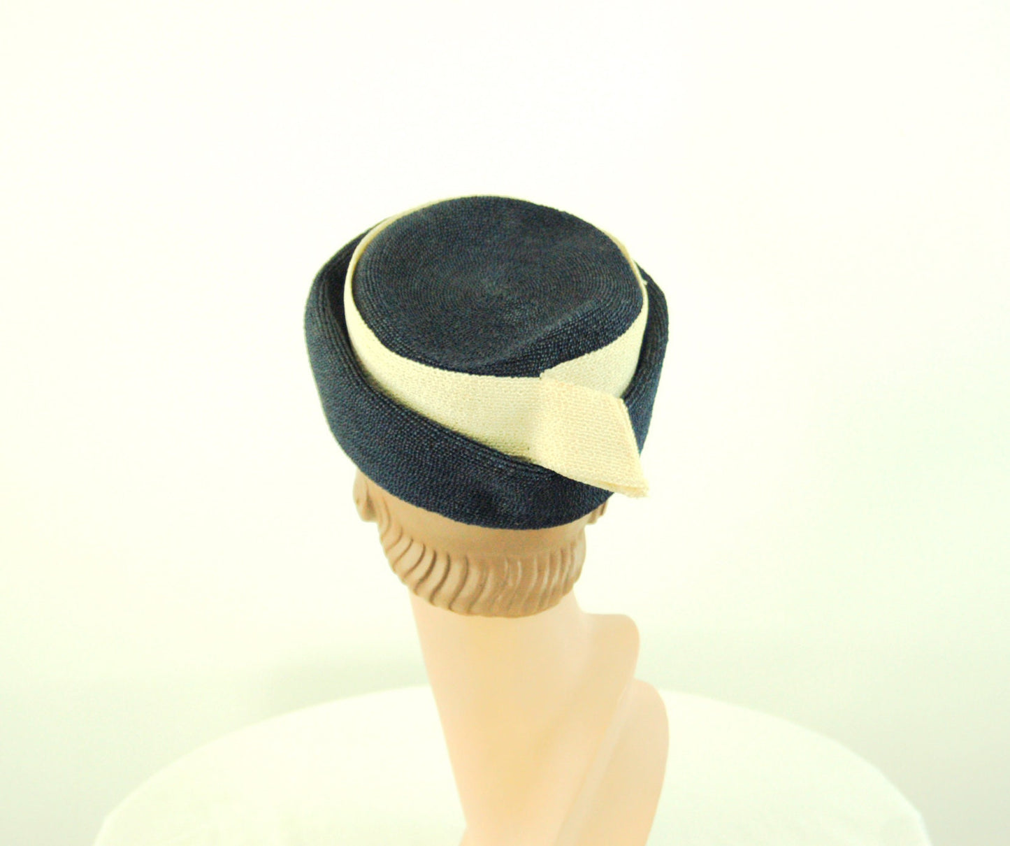 1960s hat breton style navy blue white striped straw hat size 21.5