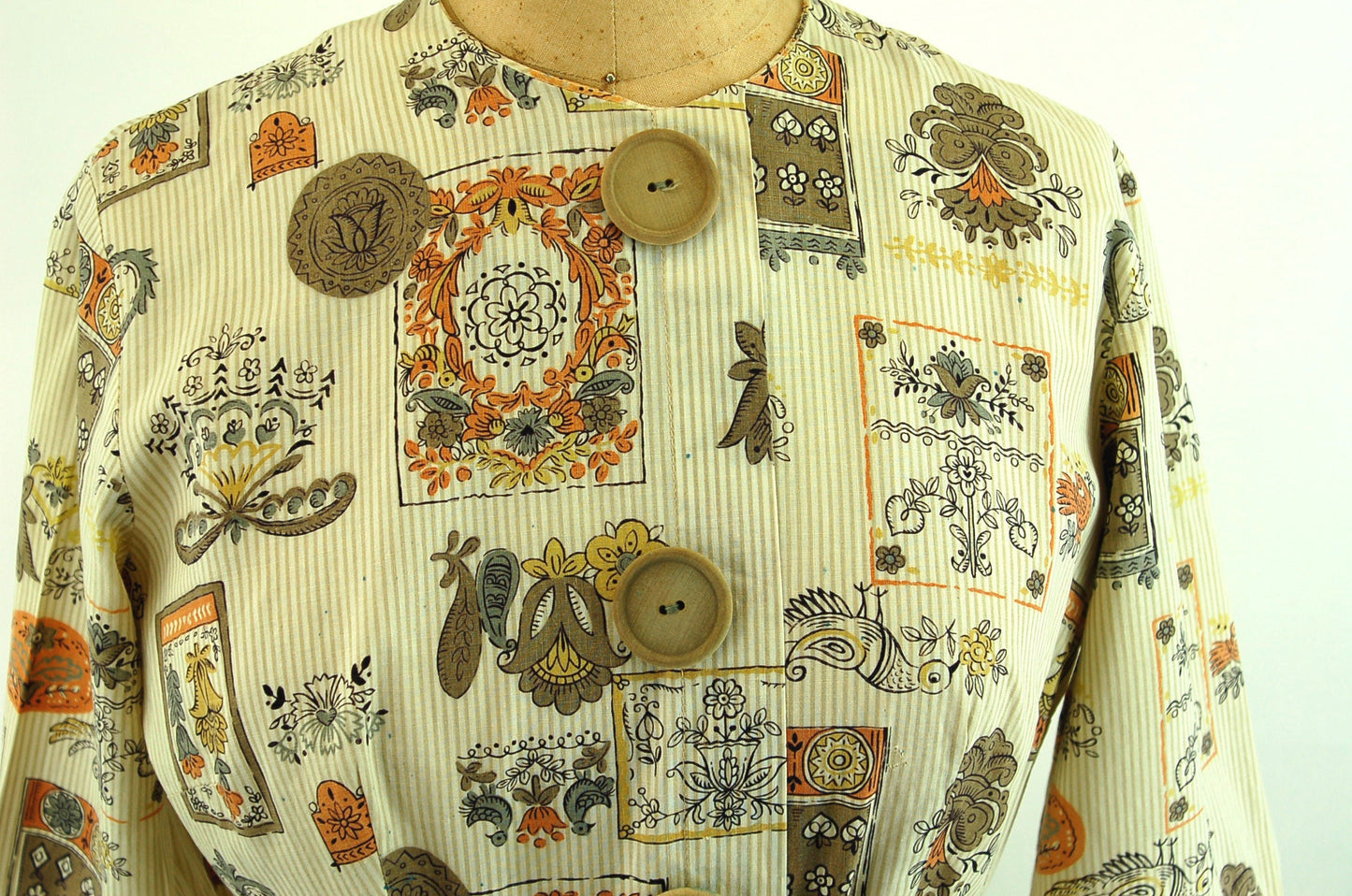 1950s 60s day dress cotton novelty shirtdress pleated skirt Size L