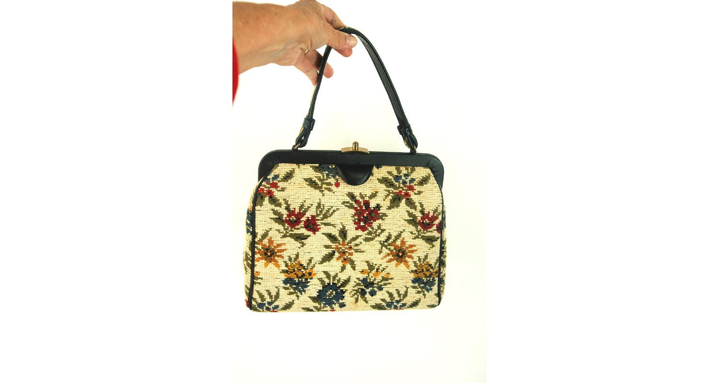 1960s needlepoint purse handbag floral carpet handbag by Kadin