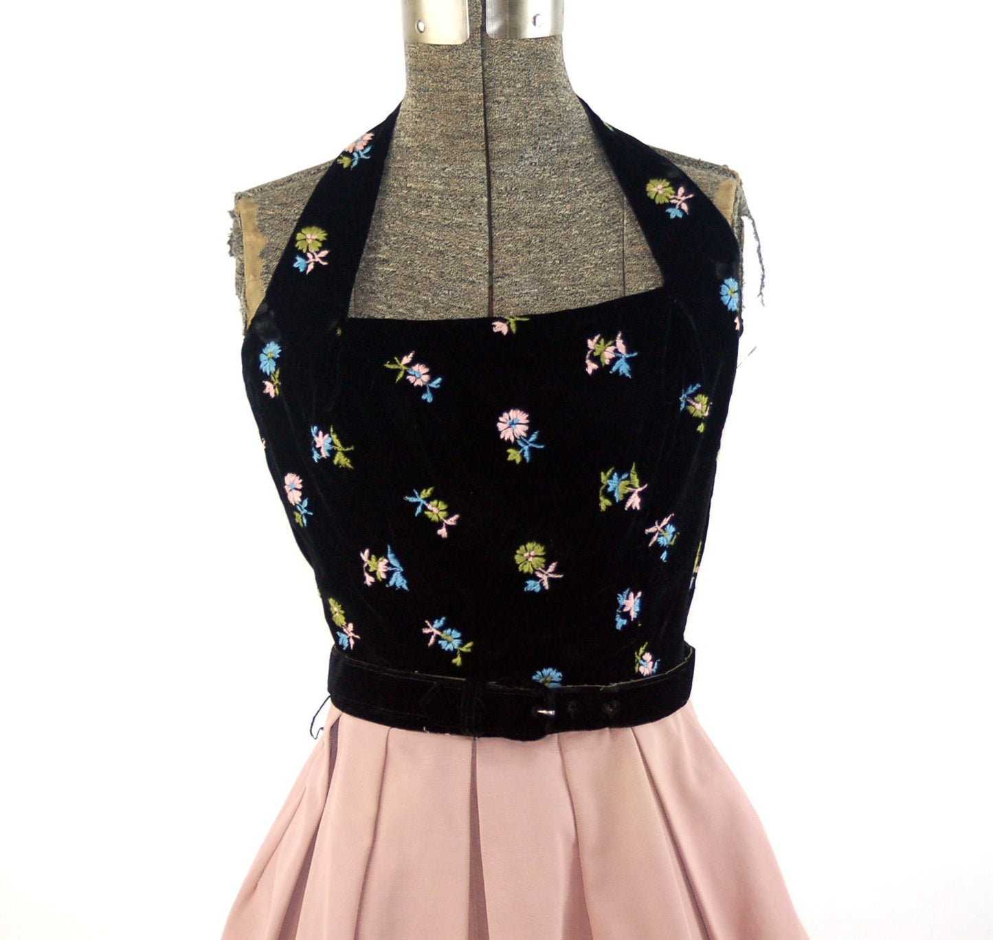 1950s party dress mauve pink halter dress matching bolero embroidered velvet top, Size S