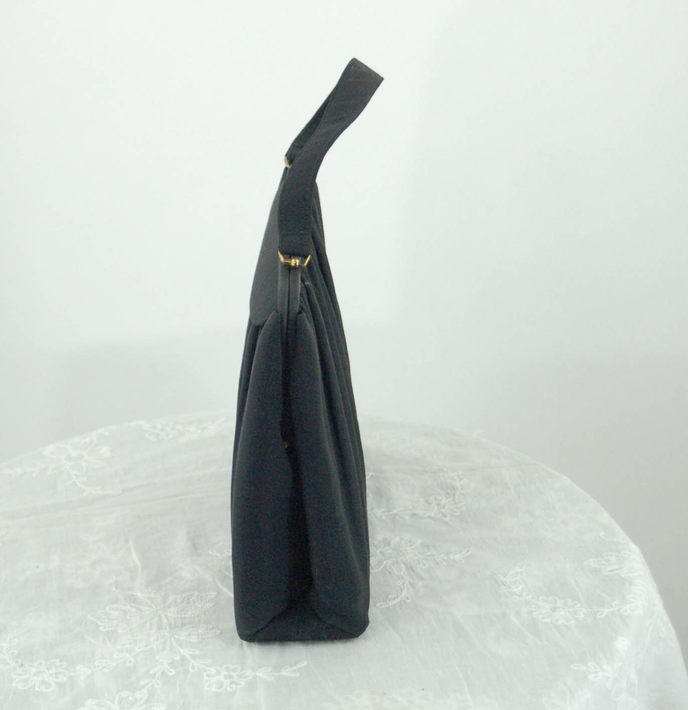 1950s handbag black gathered fabric large bag with mirror and comb