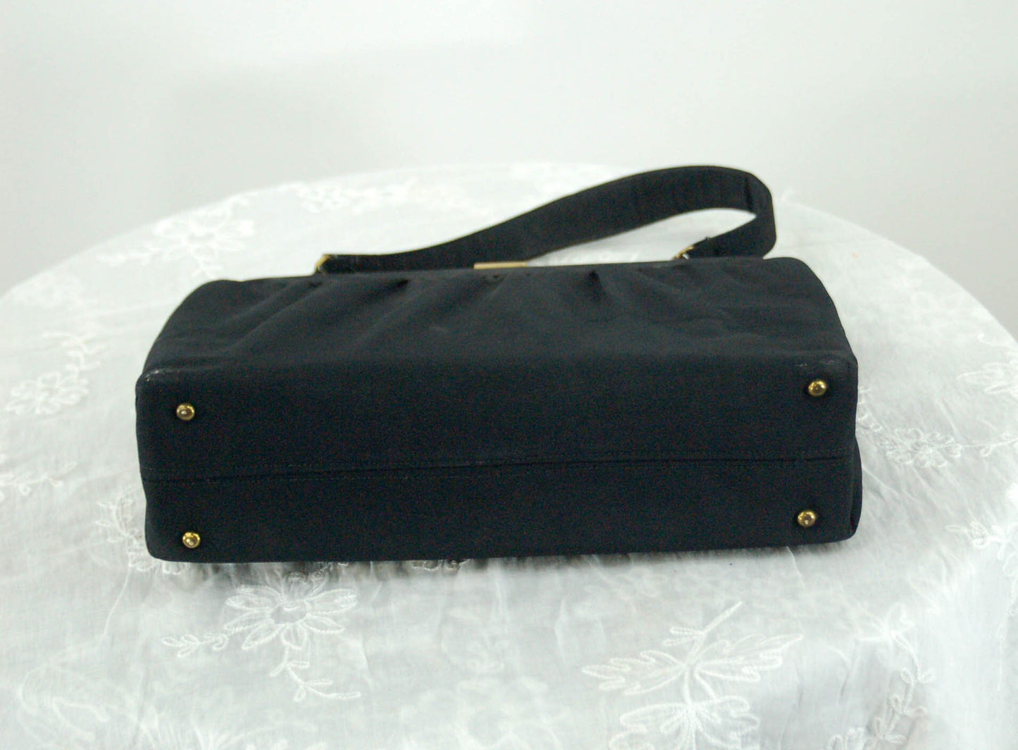 1950s handbag black gathered fabric large bag with mirror and comb