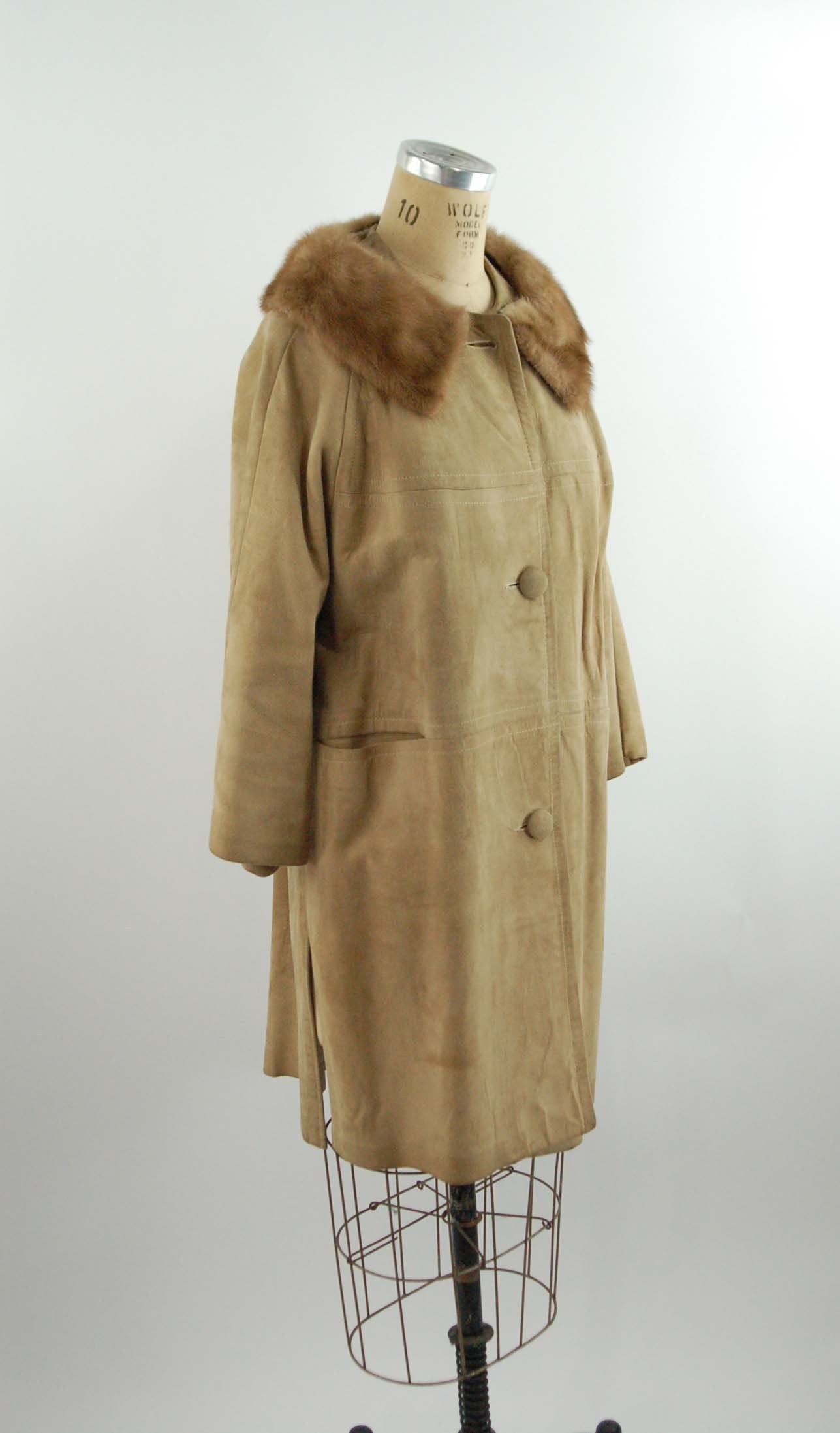 1960s suede coat with mink collar knee length soft leather coat Size M/L