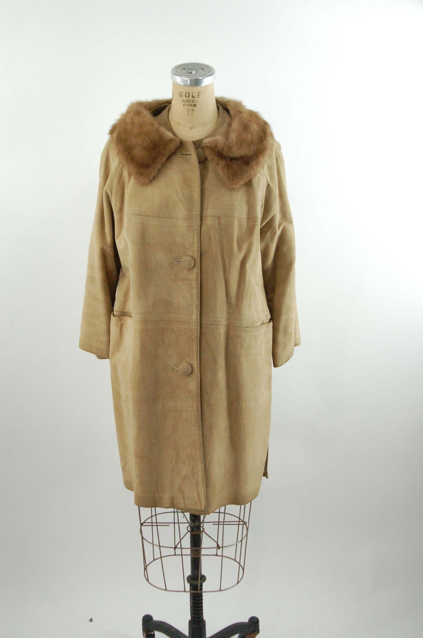 1960s suede coat with mink collar knee length soft leather coat Size M/L