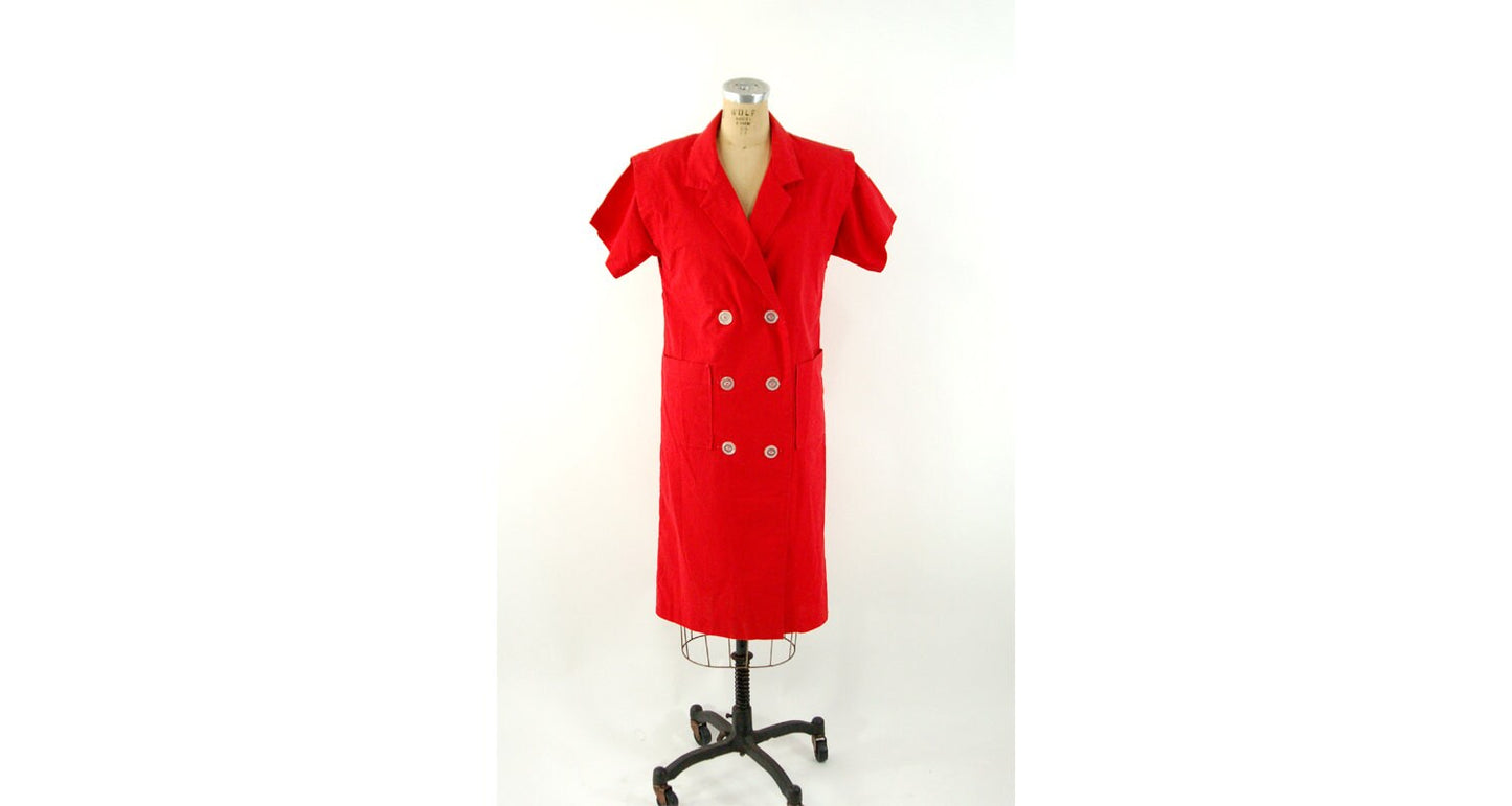 1980s coat dress red double breasted cotton dress Lilia Smitty Size M