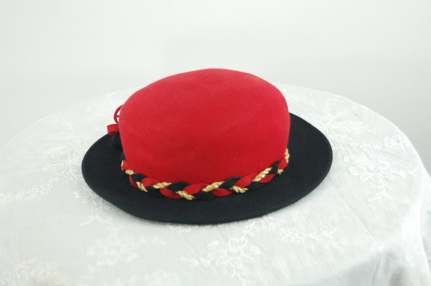 Red and black wool felt vintage hat with gold metallic braided band Made in USA by FM Hat