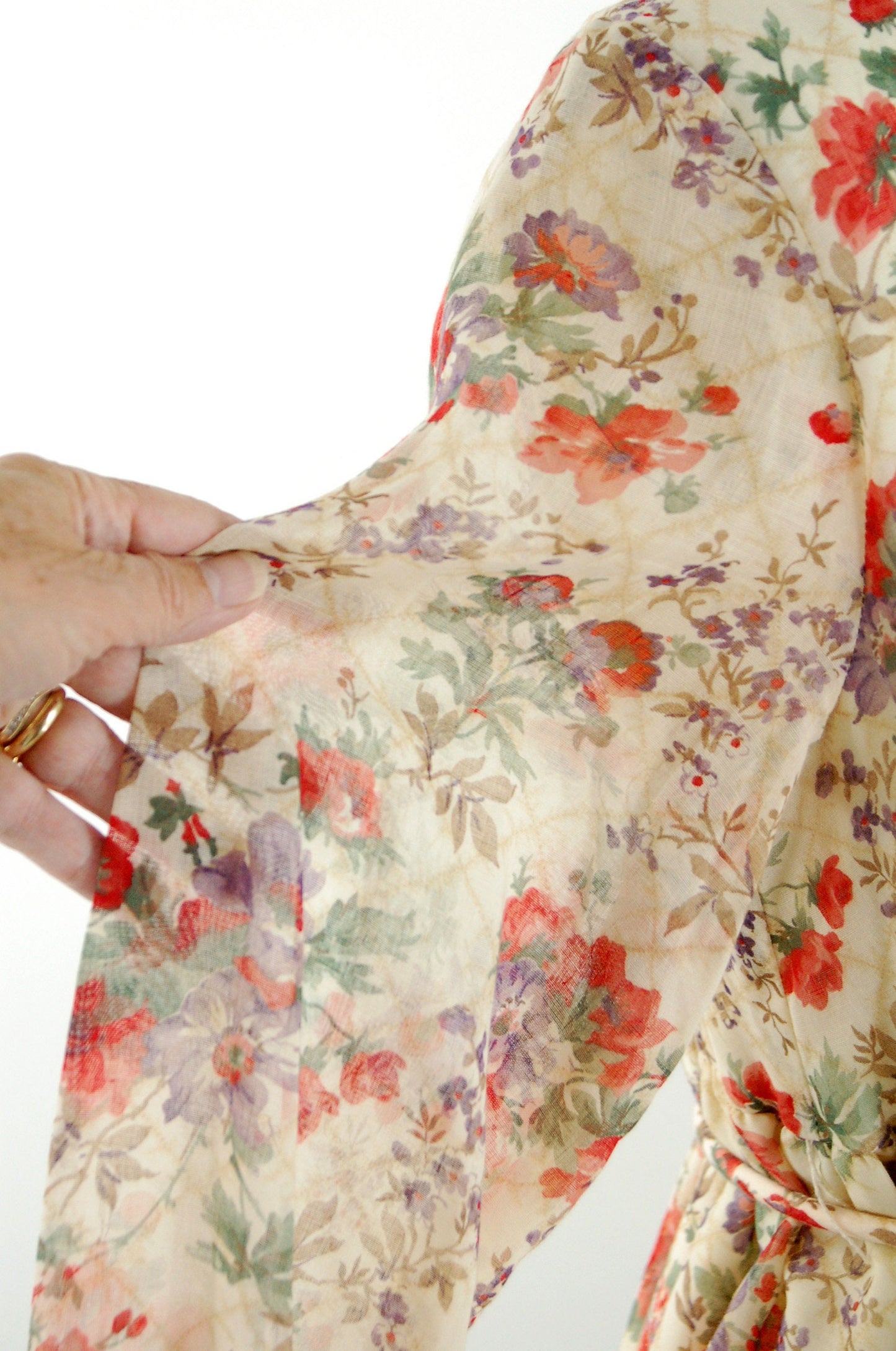 1970s maxi dress floral lattice print sheer sleeves empire waist Renaissance style Size S/M