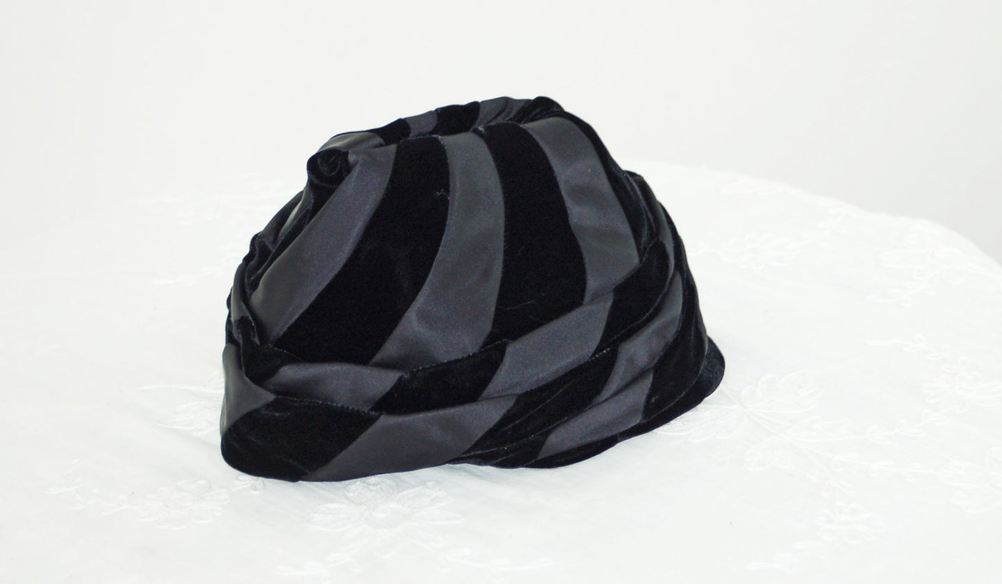 1960s hat turban style peaked hat black striped velvet satin Size 21  by Amy New York